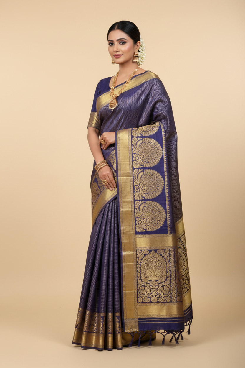 Navy Blue Gold Kanchipuram Saree Model