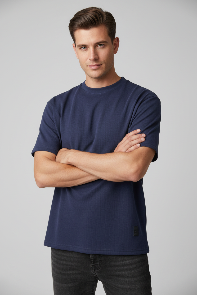 Navy Mock Neck T-Shirt on Male Model