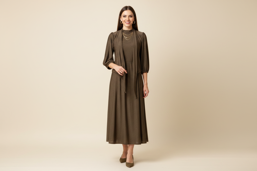 Olive Brown Shimmer Dress & Cardigan Set on Model