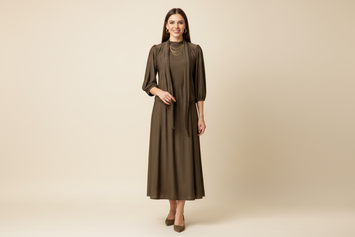 Olive Brown Shimmer Dress & Cardigan Set on Model