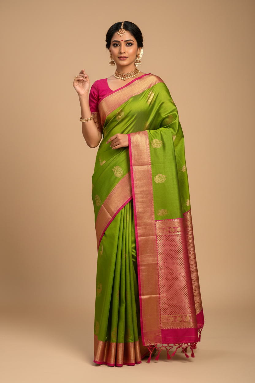 Parrot Green Silk Saree with Pink Gold Border