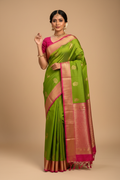 Parrot Green Silk Saree with Pink Gold Border