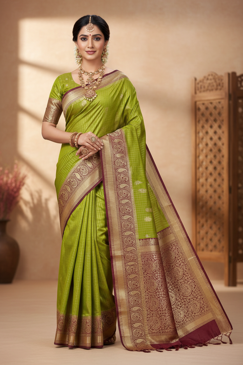 Parrot Green & Wine Mysore Silk Saree - Model Shot