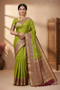 Parrot Green & Wine Mysore Silk Saree - Model Shot