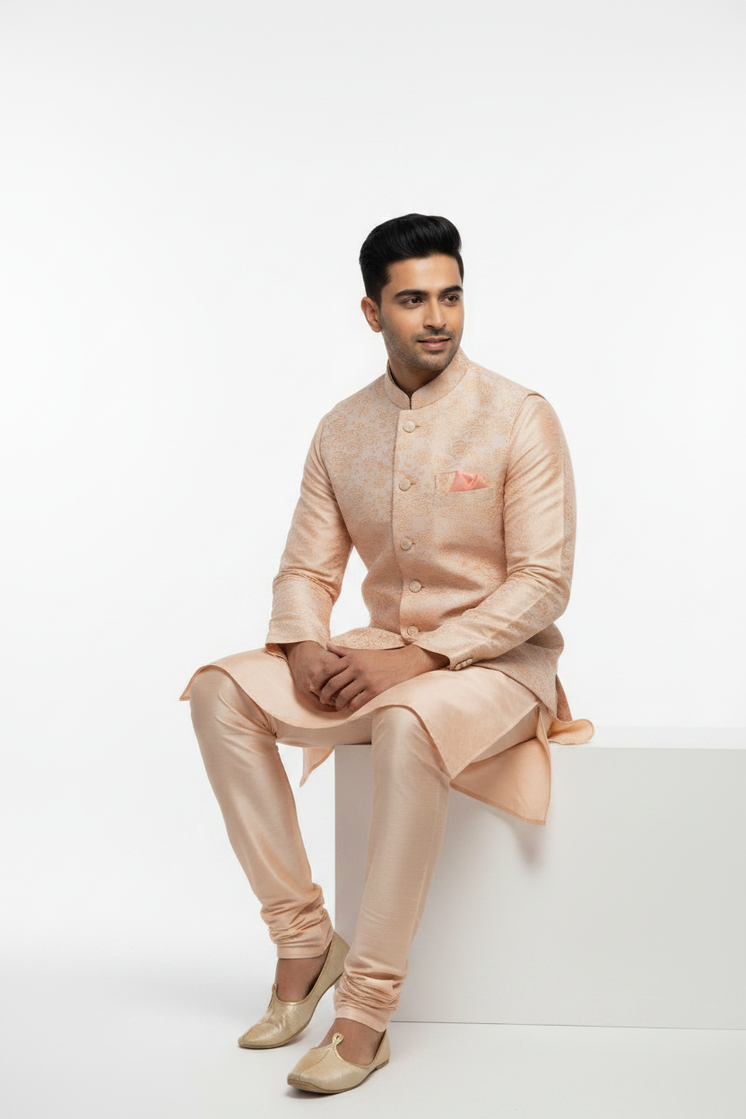 Peach Brocade Modi Jacket Set - Sitting Pose