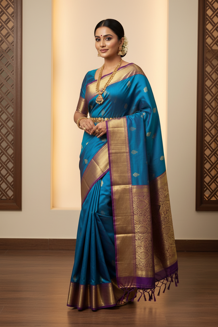 Peacock Blue & Purple Kanchipuram Saree on Model