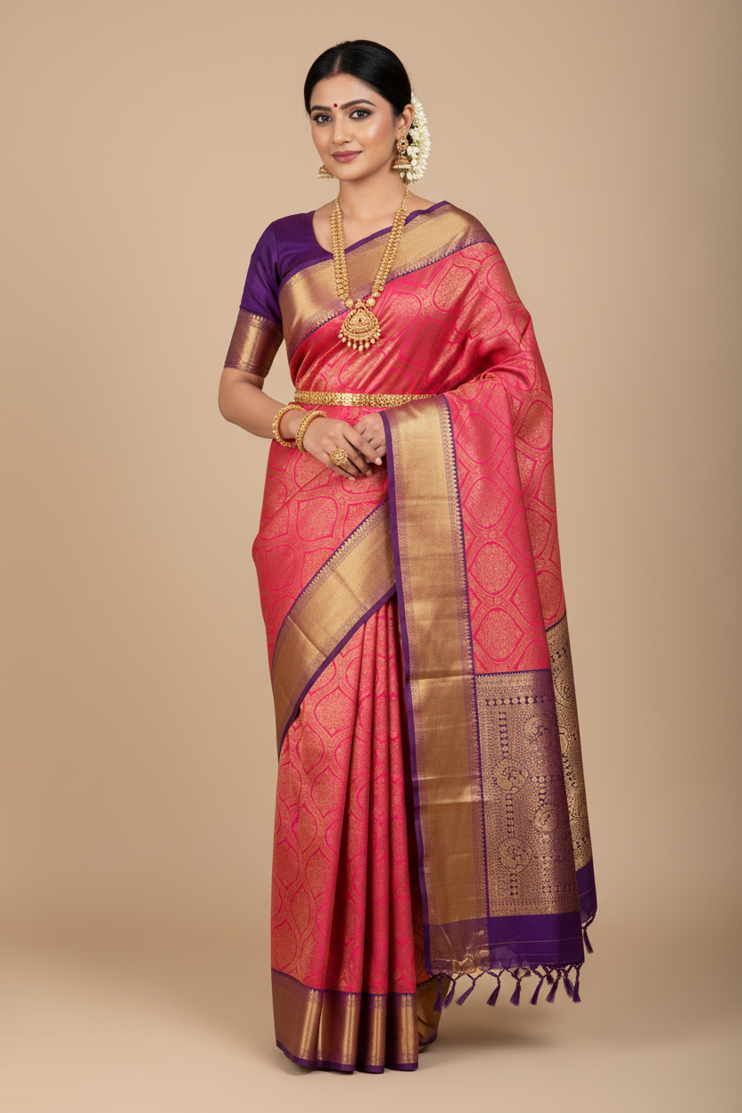 Pink Kanjivaram Silk Saree on Model