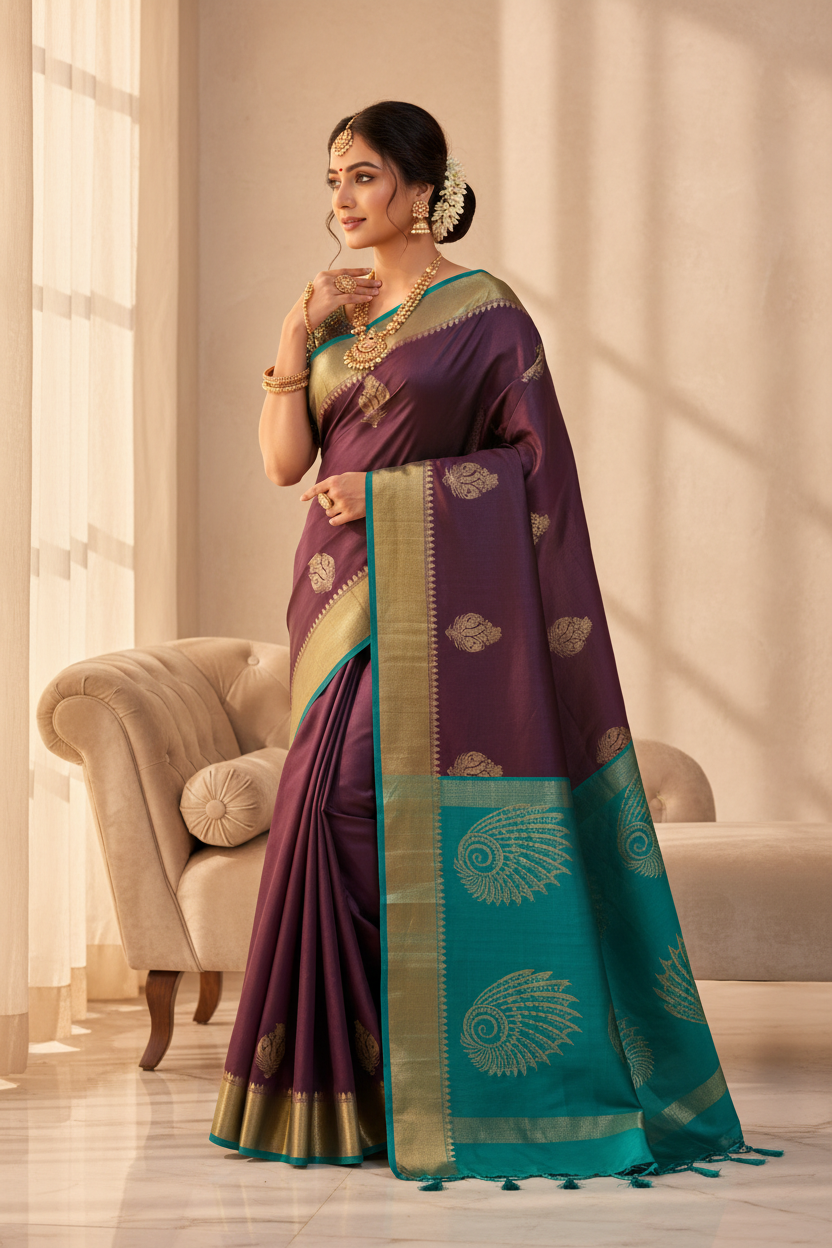Plum & Teal Silk Saree on Model