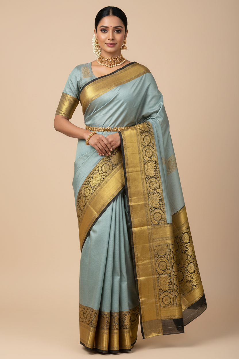 Powder Blue Kanjivaram Silk Saree on Model