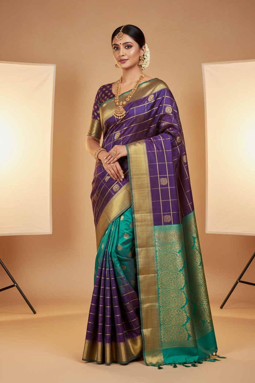 Purple Checks & Teal Kanchipuram Saree on Model
