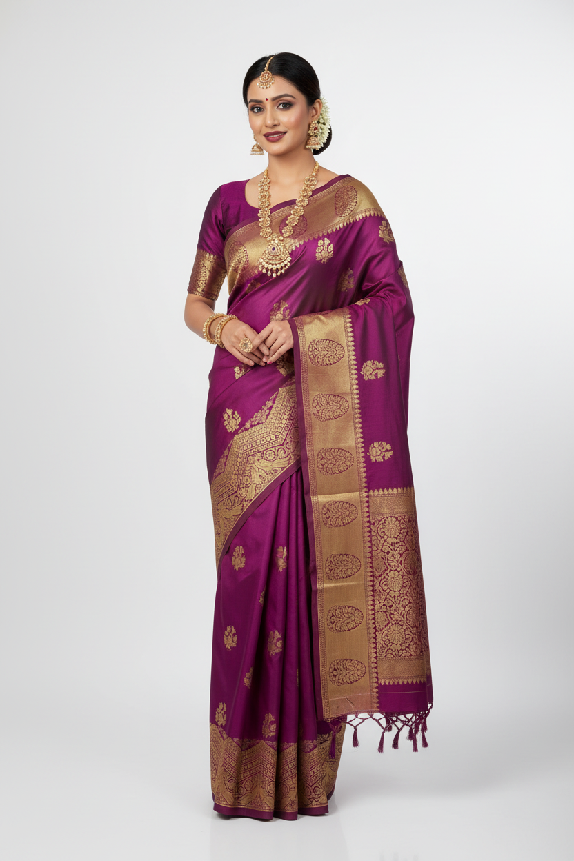 Purple Floral Butta Silk Saree Model