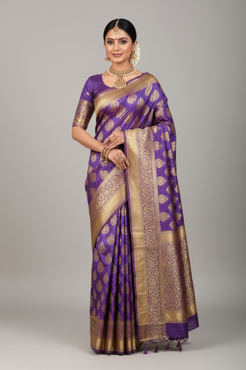 Purple & Green Kanjivaram Saree on Model