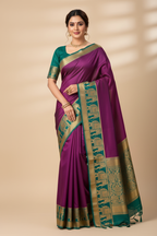 Purple Magenta Silk Saree with Teal Elephant Border