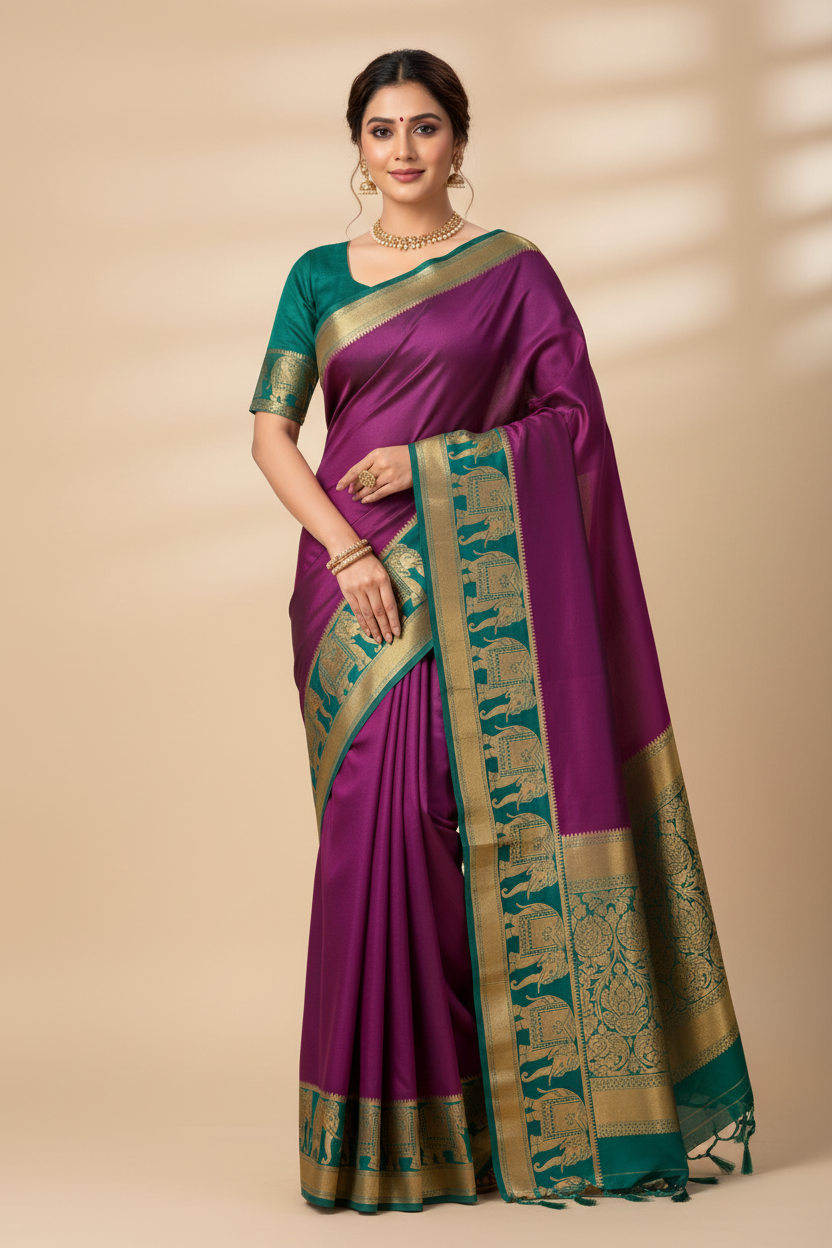 Purple Magenta Silk Saree with Teal Elephant Border