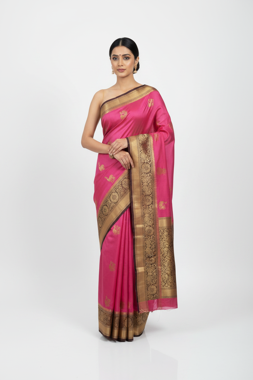 Rani Pink Deer Motif Silk Saree Model