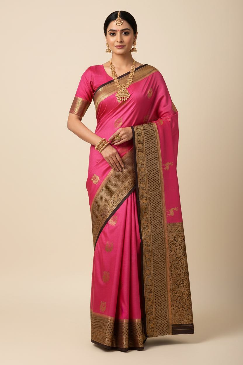 Rani Pink Deer Motif Silk Saree Model