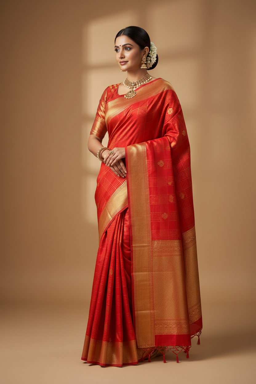 Red Kanchipuram Buti Saree Model