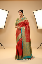 Red Kanjivaram with Teal Border Saree Model