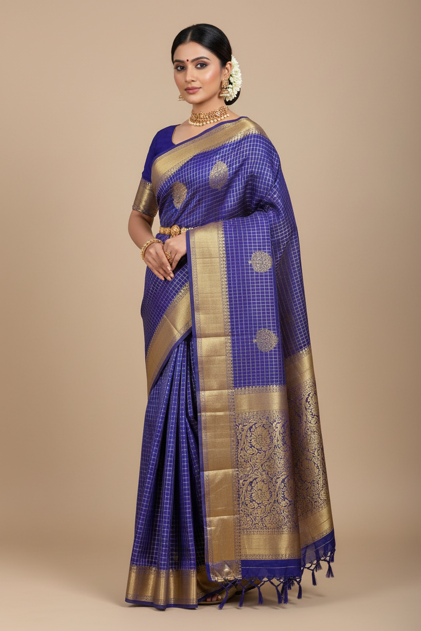 Royal Blue Kanjivaram Silk Saree on Model