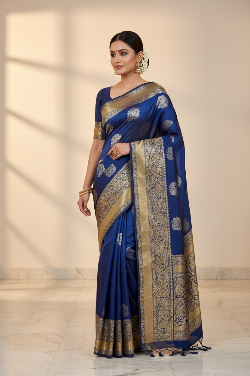 Royal Blue Silk Saree on Model
