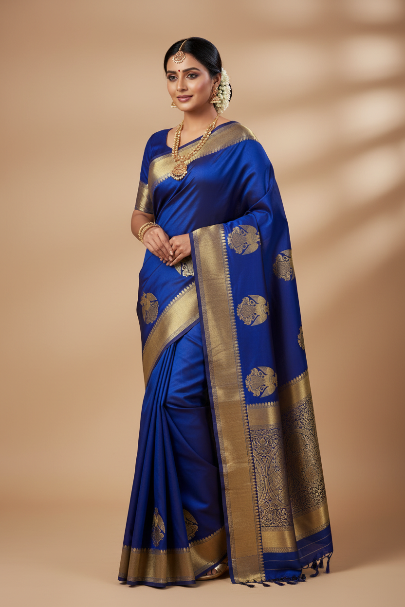 Royal Blue Silk Saree with Gold Eagle Motif