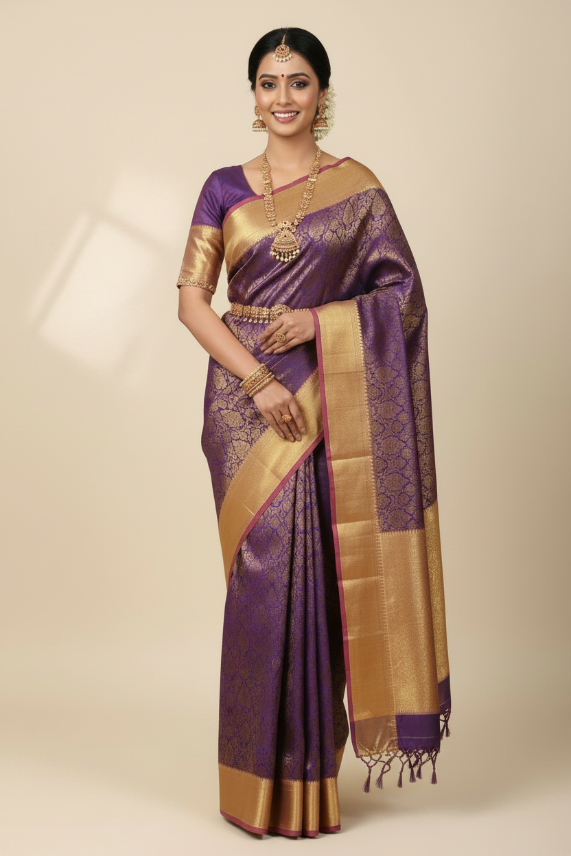 Royal Purple & Gold Kanjivaram Saree on Model