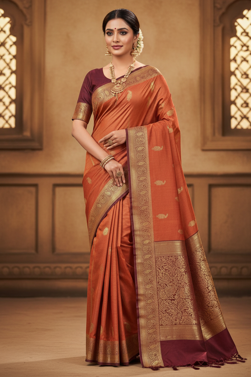 Rust & Wine Mysore Silk Saree - Ad Model Shot
