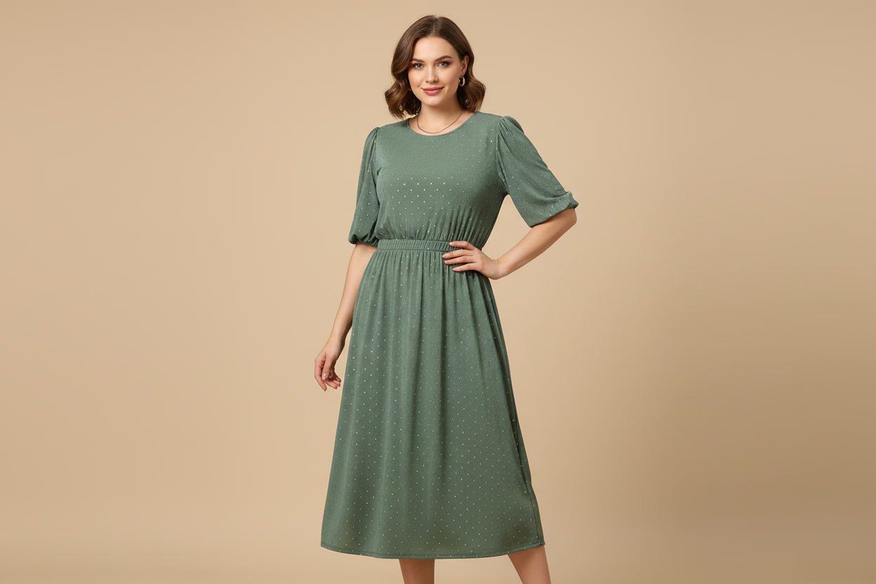 Sage Green Glitter Dot Midi Dress on Model