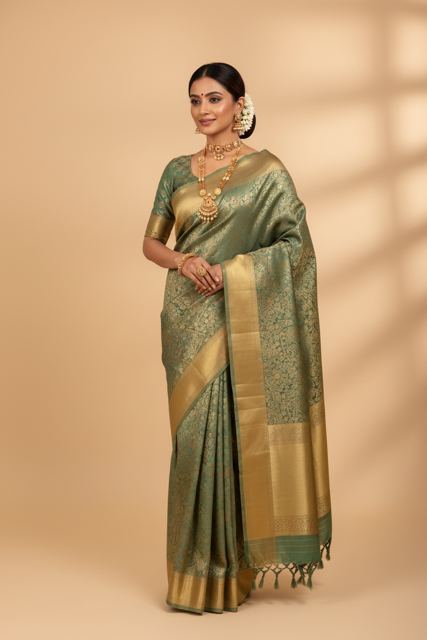 Sage Green Kanjivaram Gold Border Saree Model