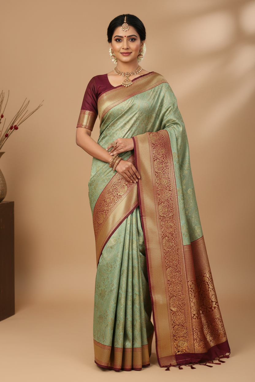 Sage Green & Maroon Banarasi Silk Saree - Model Wearing