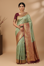 Sage Green & Maroon Banarasi Silk Saree - Model Wearing