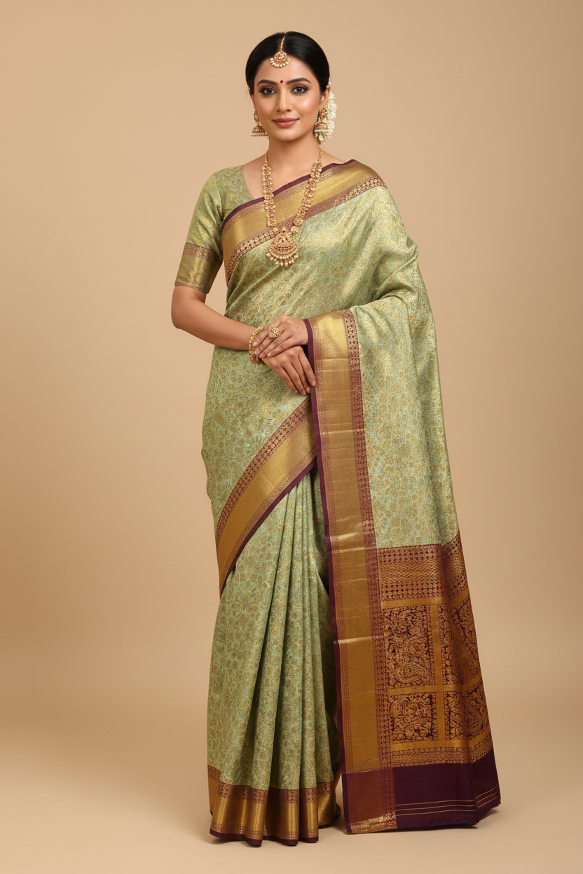Sage Green & Maroon Kanjivaram Saree on Model