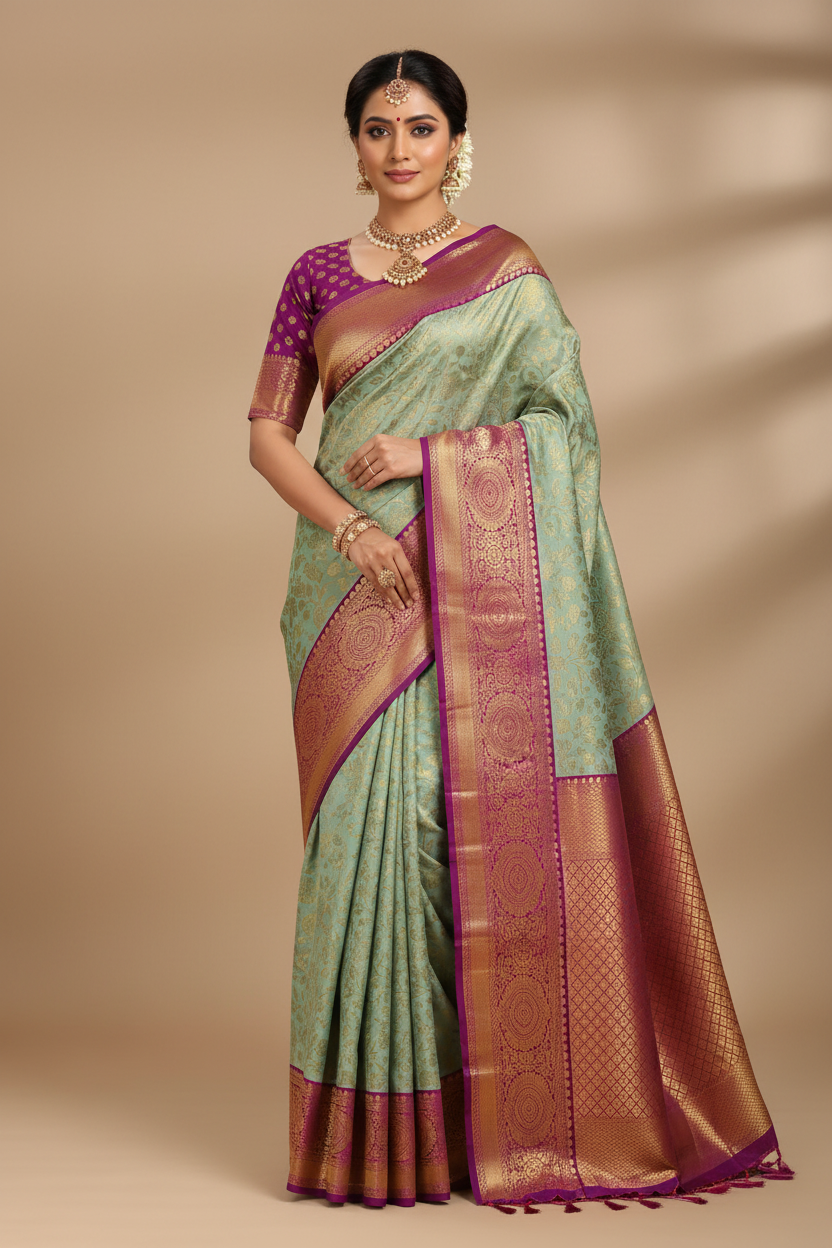 Sage Mint Green & Magenta Purple Kanchipuram Saree Model