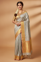 Silver Grey & Antique Gold Kanchipuram Saree Model