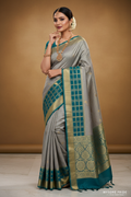Silver Grey & Teal Mysore Silk Saree - Ad Model Shot