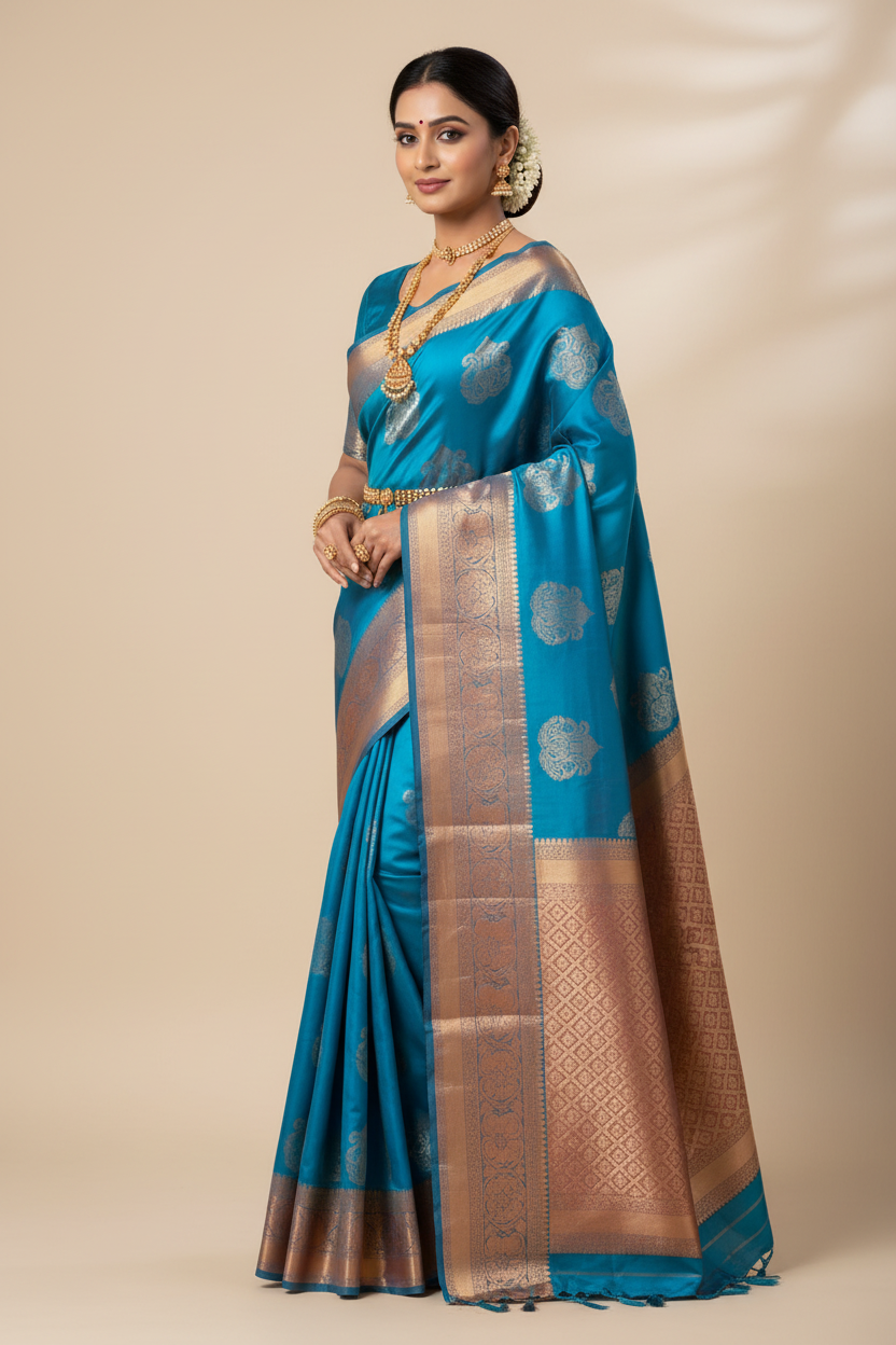 Sky Blue Kanjivaram Silk Saree on Model