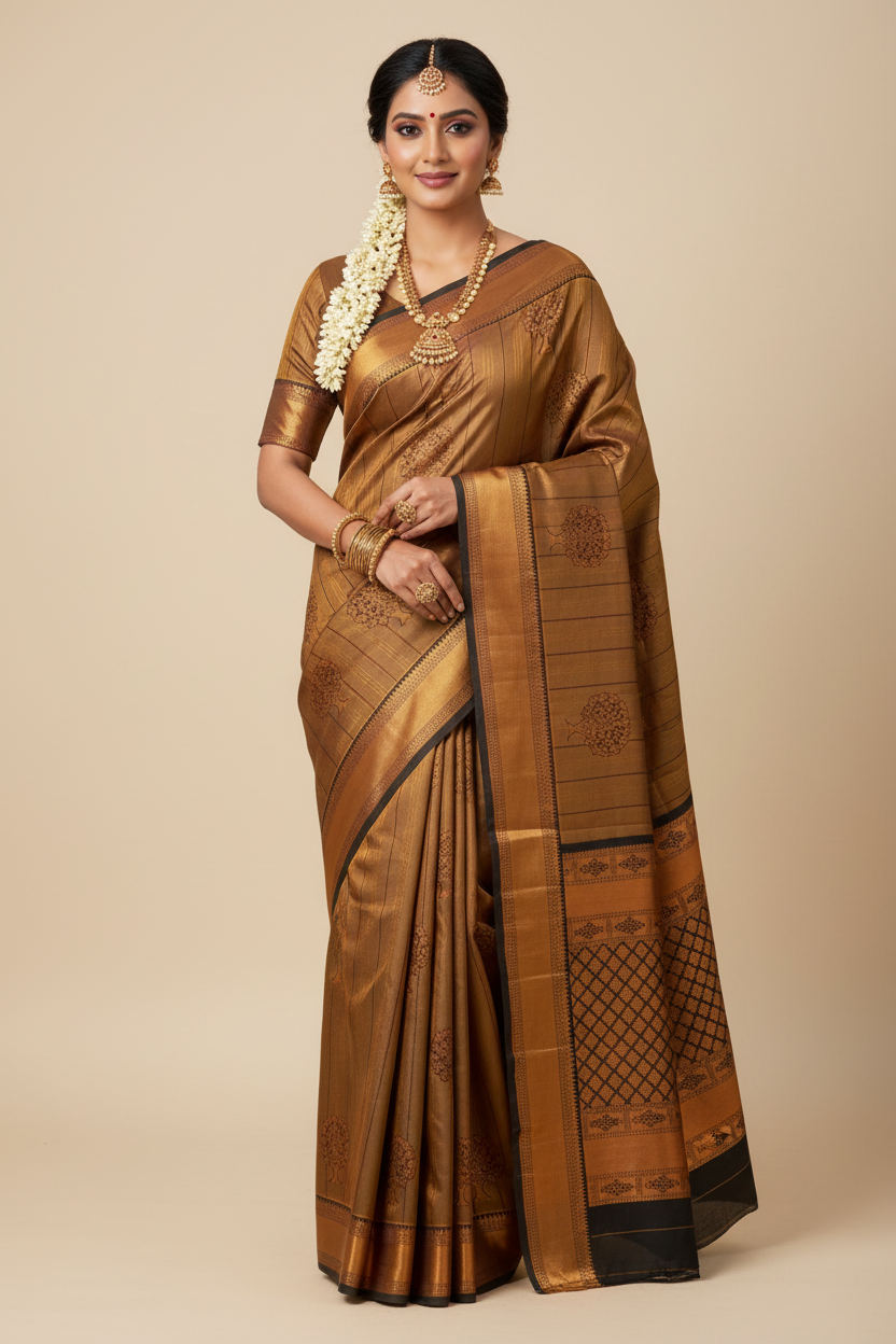South Indian Model in Antique Gold Silk Saree with Tree of Life Buti & Black Zari Border