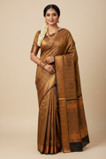 South Indian Model in Antique Gold Silk Saree with Tree of Life Buti & Black Zari Border