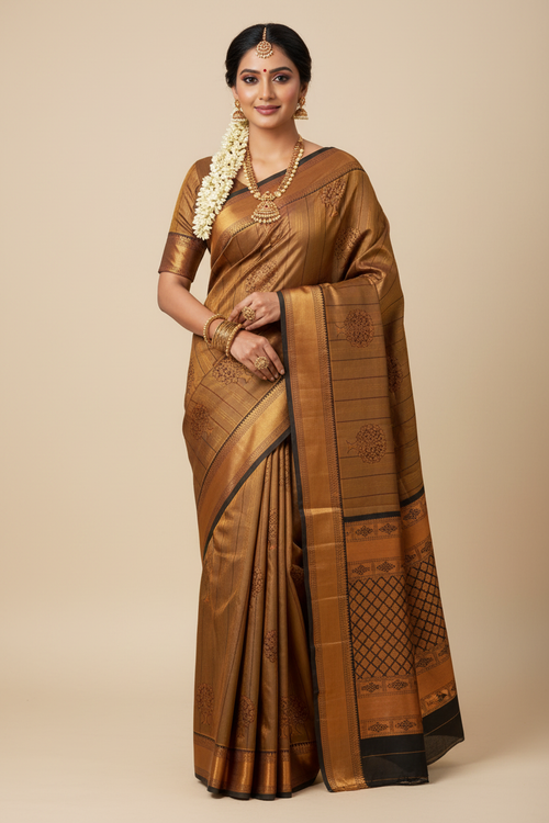 South Indian Model in Antique Gold Silk Saree with Tree of Life Buti & Black Zari Border
