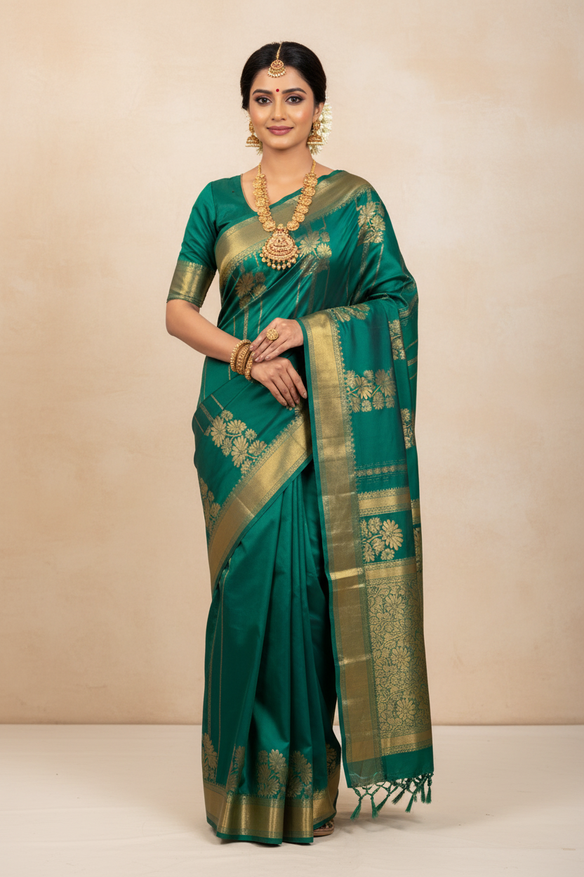 South Indian Model in Emerald Green Silk Saree with Gold Zari Floral Border