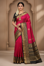 South Indian Model in Hot Pink Silk Saree with Black Gold Zari Border