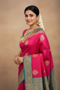 South Indian Model in Hot Pink Silk Saree with Gold Buti & Teal Peacock Zari Border