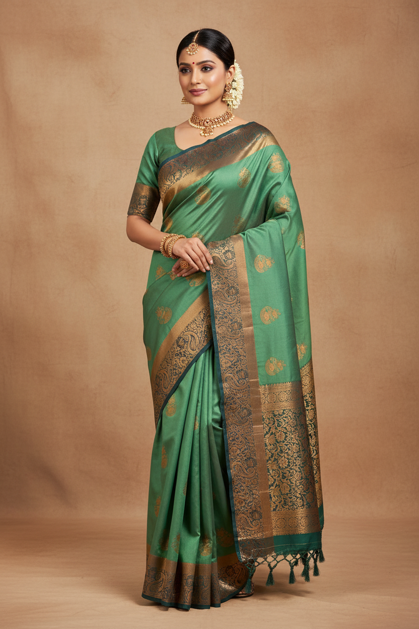 South Indian Model in Jade Green Silk Saree with Gold Zari Peacock Buti & Dark Teal Border