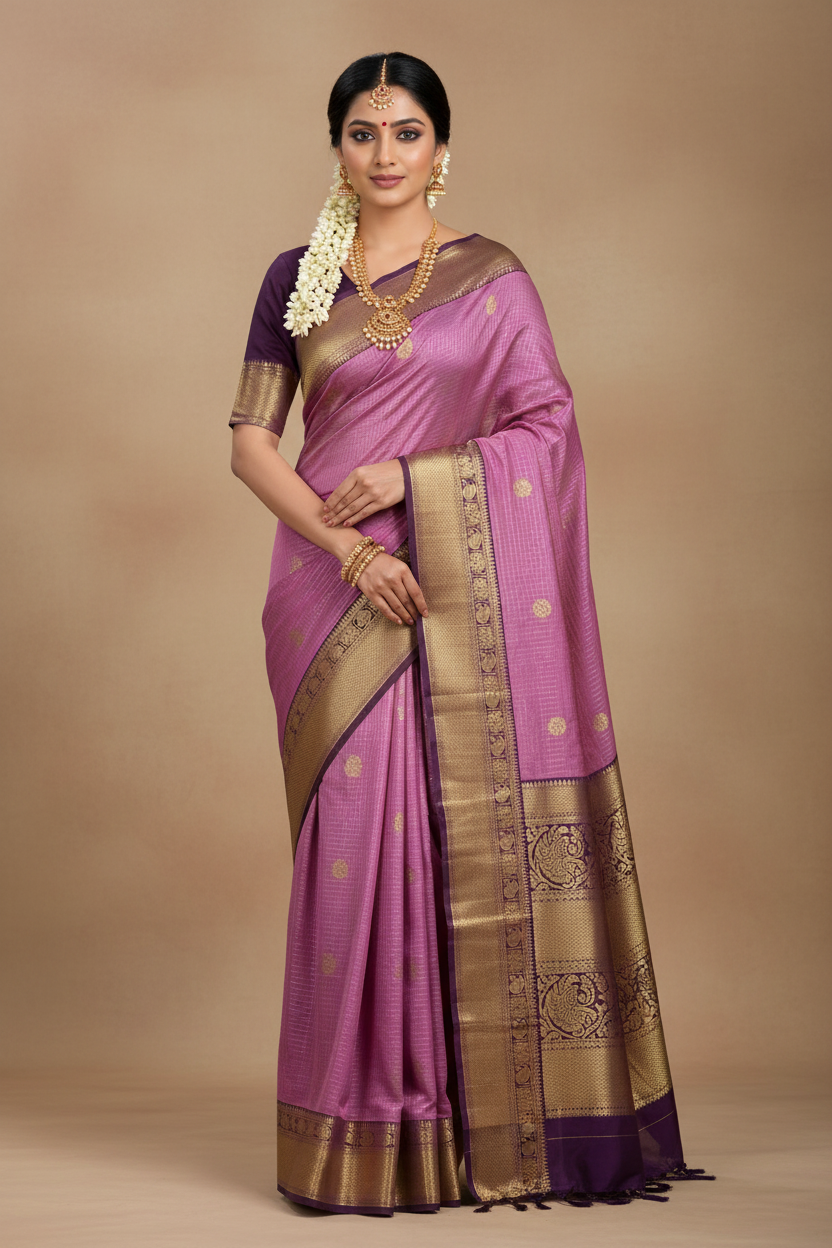 South Indian Model in Lilac Silk Saree with Gold Zari Check & Purple Border