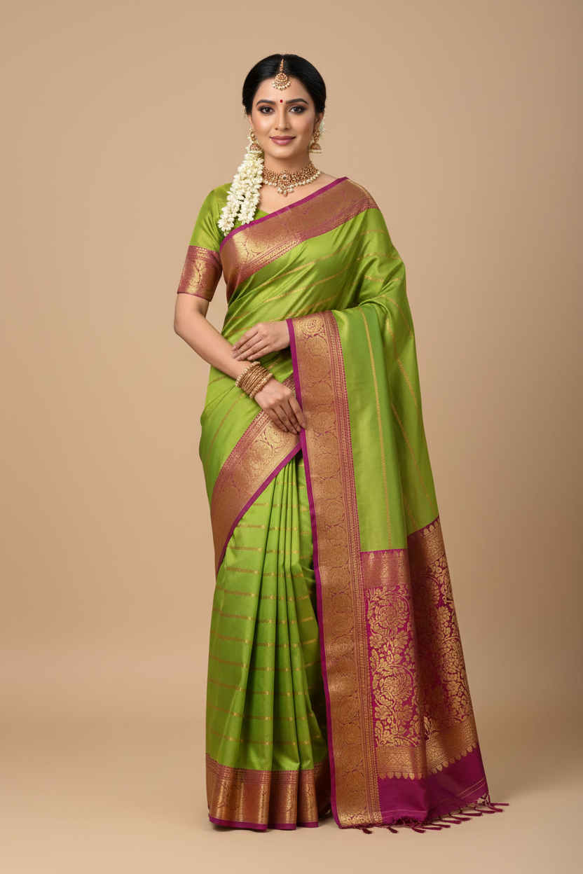 South Indian Model in Parrot Green Silk Saree with Wine Zari Border