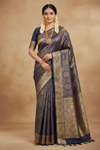 South Indian Model in Royal Navy Blue Banarasi Silk Saree with Gold Zari Jaal