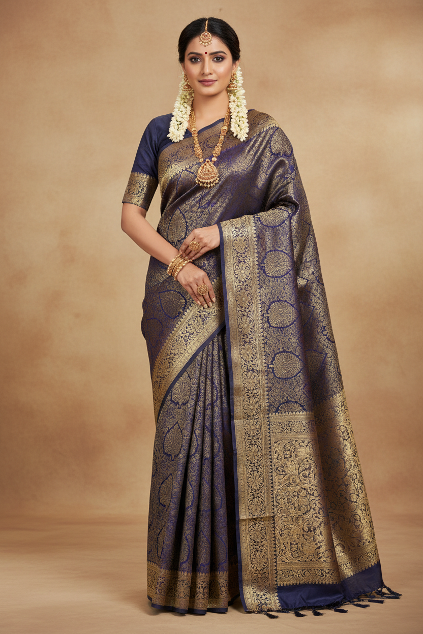South Indian Model in Royal Navy Blue Banarasi Silk Saree with Gold Zari Jaal