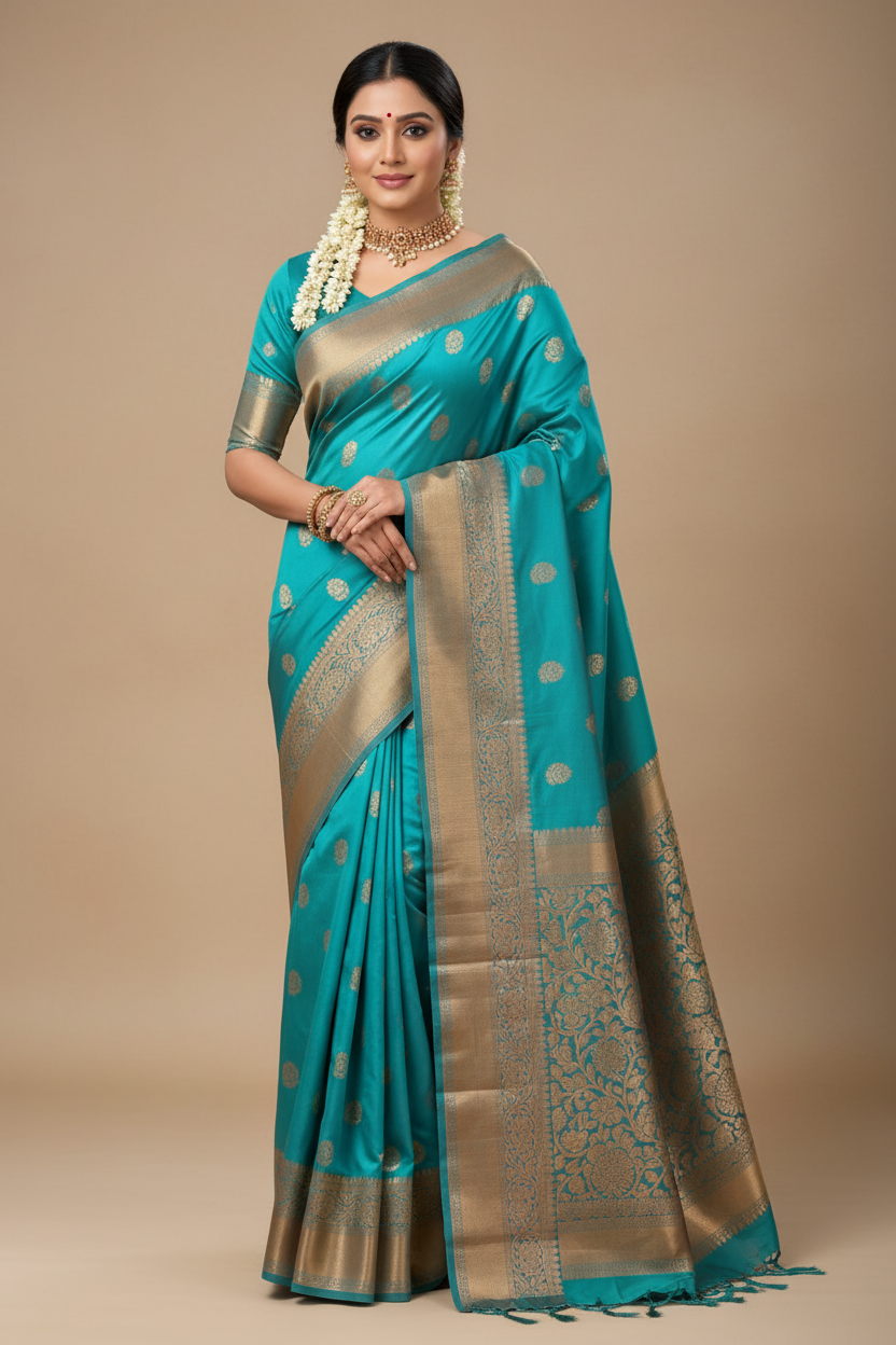 South Indian Model in Teal Silk Saree with Heavy Antique Gold Zari Pallu