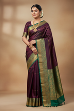 South Indian Model in Wine Purple Silk Saree with Green Zari Border