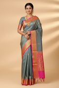 Steel Blue Pink Border Saree Model Retry